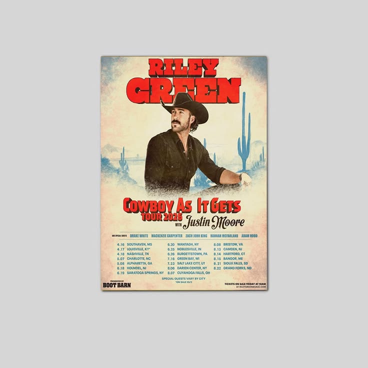 Riley Green Cowboy As It Gets Tour 2026 Poster Unframed Size 24''x36''