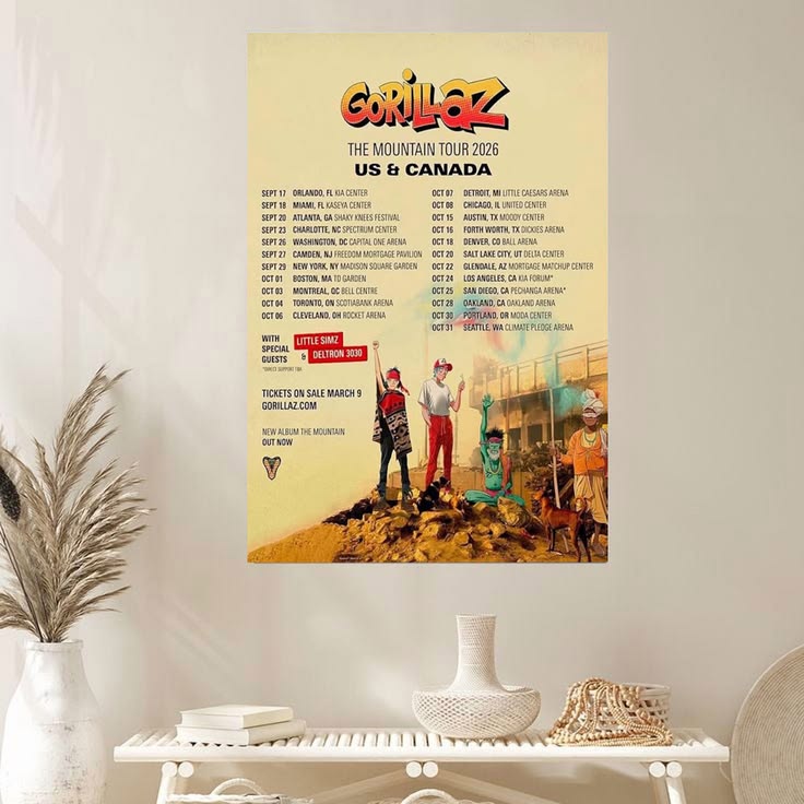 Gorillaz The Mountain Tour 2026 US And Canada Schedule Tour Dates Poster Unframed Size 24''x36''