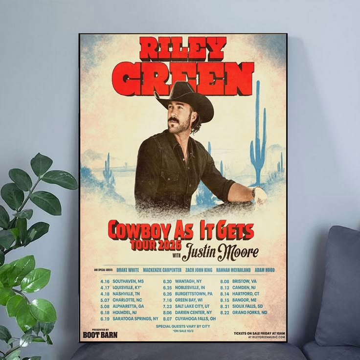 Riley Green Cowboy As It Gets Tour 2026 Poster Unframed Size 24''x36''