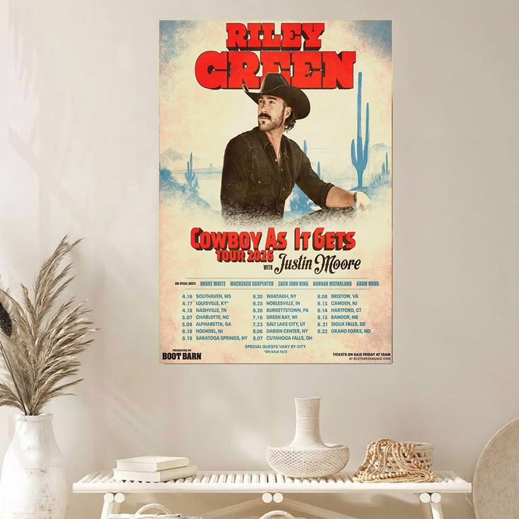 Riley Green Cowboy As It Gets Tour 2026 Poster Unframed Size 24''x36''
