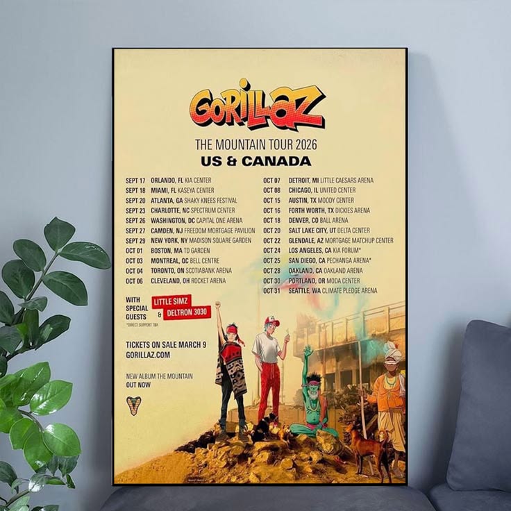 Gorillaz The Mountain Tour 2026 US And Canada Schedule Tour Dates Poster Unframed Size 24''x36''